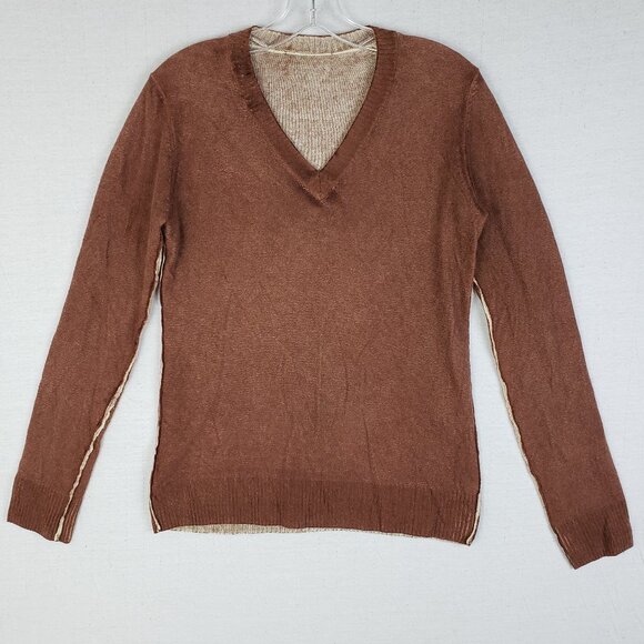 DOLCE & GABBANA 100% Cashmere Sweater Pullover Reversible V-neck Brown Cream L - Picture 1 of 12